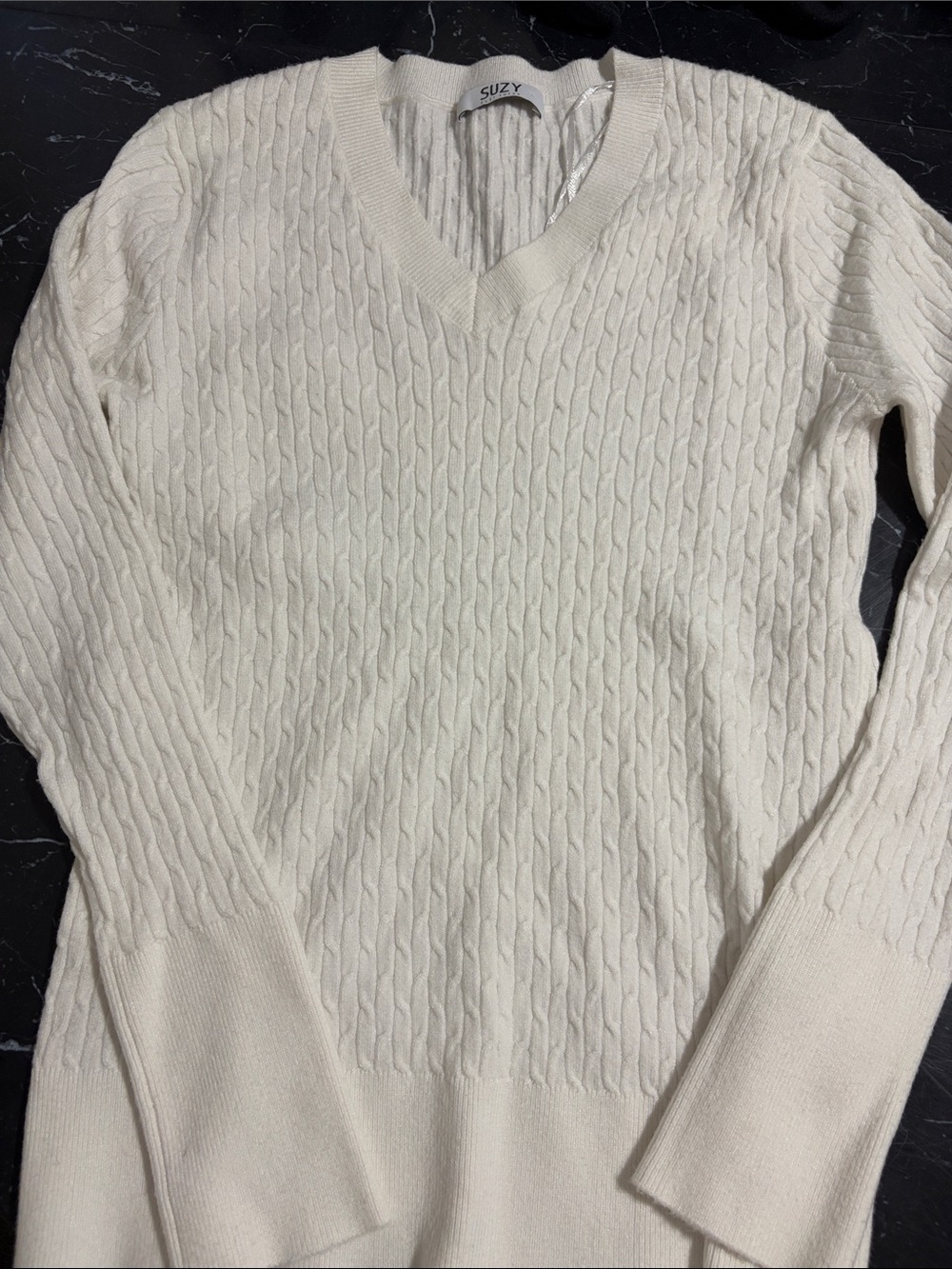 White Cable-Knit V-Neck Sweater